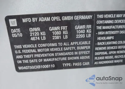 2011 Buick Regal Cxl Russelsheim z USA, uszkodzony, nr VIN W04GT5GCXB1006110